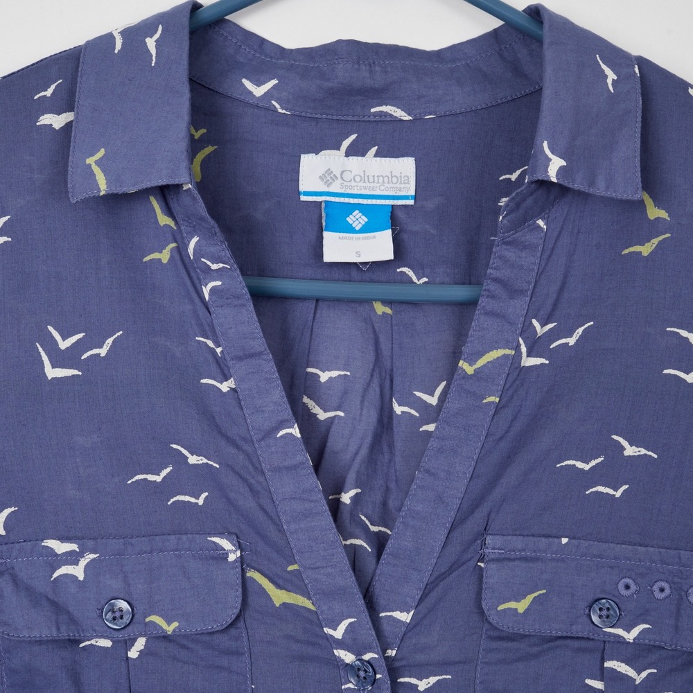Columbia PFG Shirt Womens Small Blue Bird Print Roll Tab Long Sleeve Cotton - Picture 5 of 15